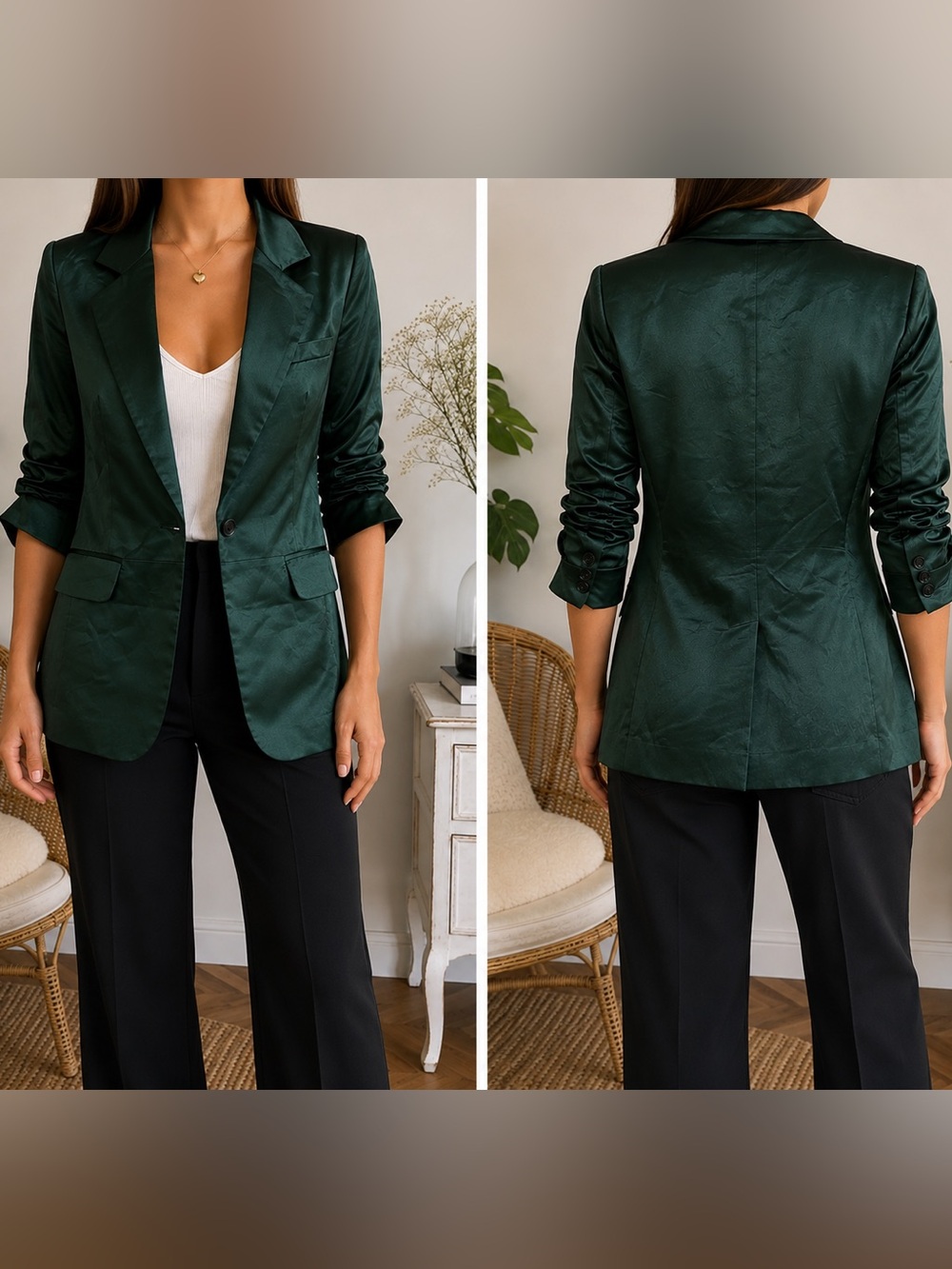 Lilian Zhang Elite Size L Emerald Green Satin Ruched Sleeve Blazer